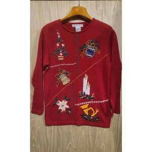Victoria Jones Christmas Sweater Vintage Red‎ Embroidery Beads Womens Medium